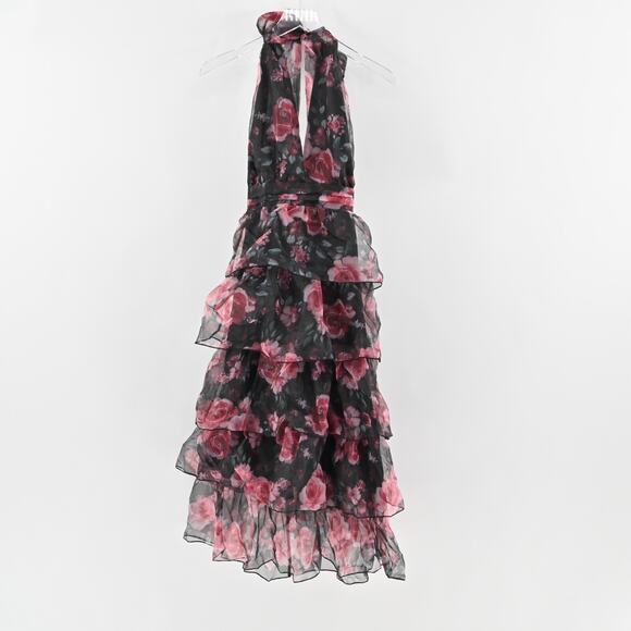 RIHOAS Dress Size S VNeck Floral Print Tiered Layered Halter Midi Black Pink NEW - Picture 2 of 12